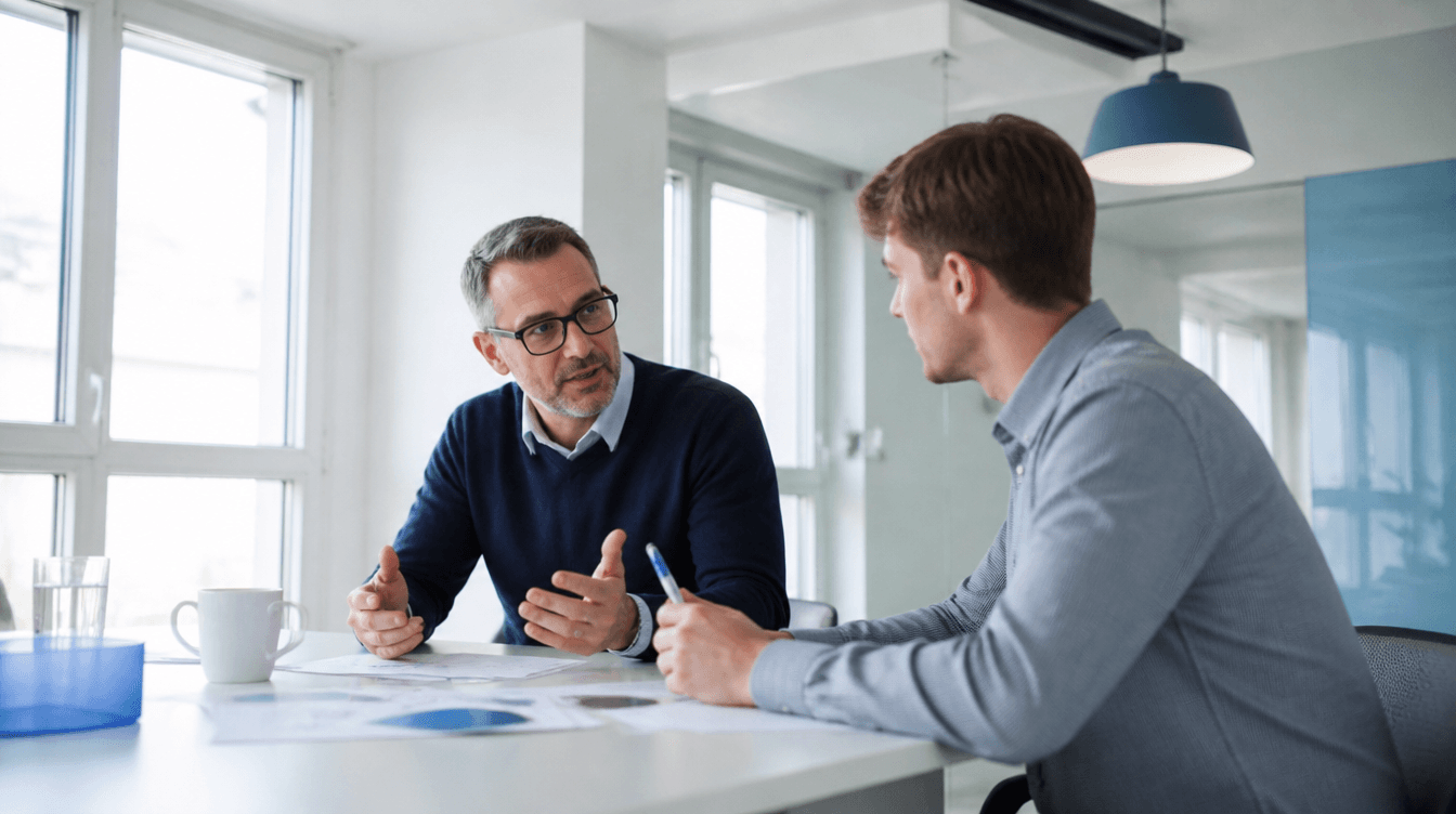 Zwei Unternehmer besprechen digitale Suchwege an einem Tisch